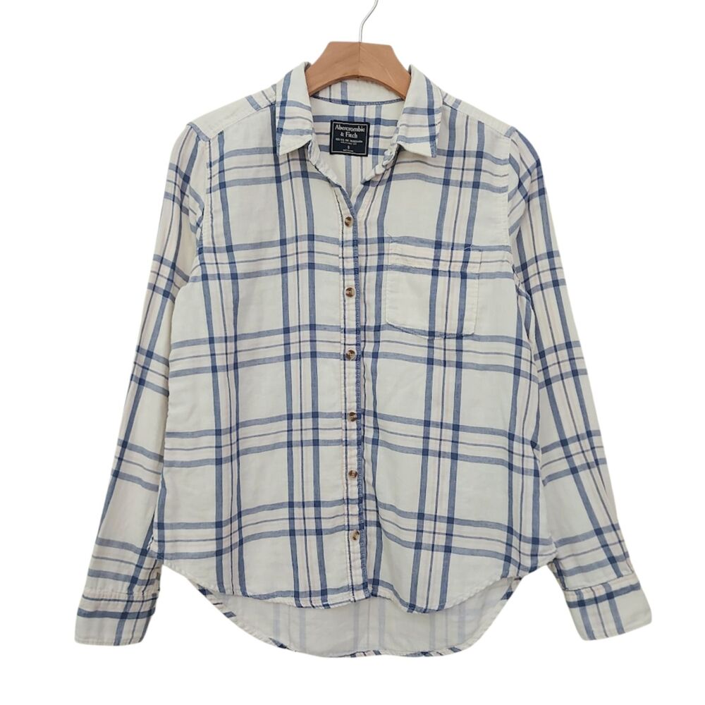 Abercrombie & Fitch Shirt Womens Small White Plaid Gauzy 100% Cotton Long Sleeve